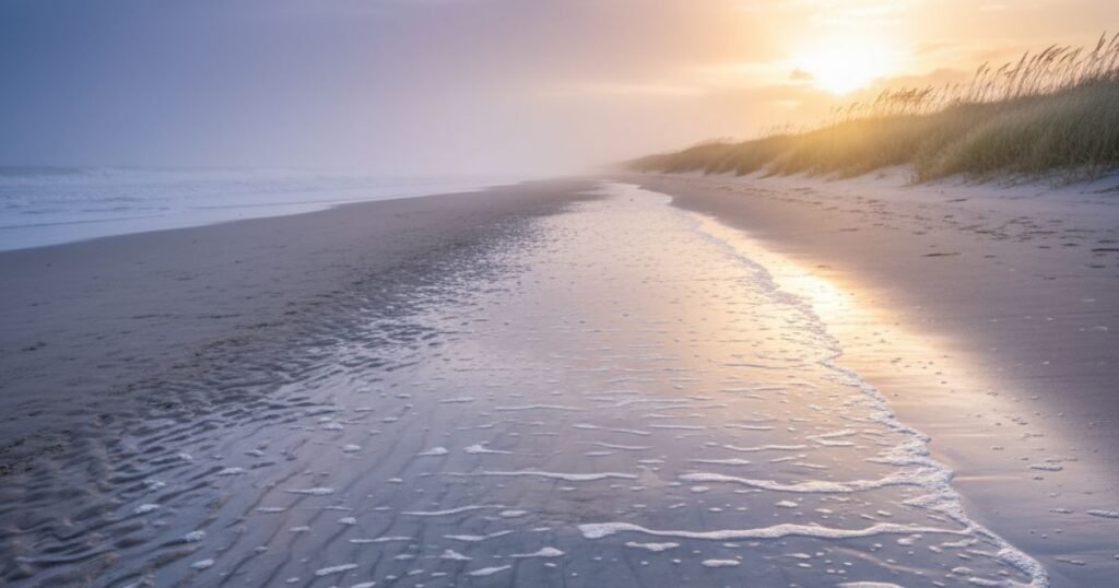 Paisaje de playa al amanecer con neblina y reflejos de luz en la arena, representando las estaciones del alma en el duelo