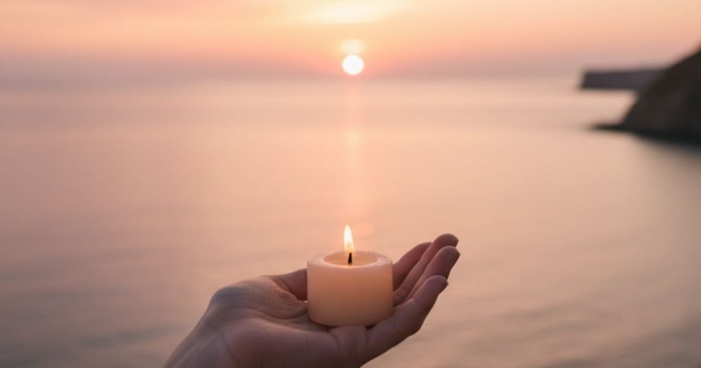 que es duImagen de una mano sosteniendo una vela frente al mar al amanecer para el blog de Gaby Oviedo