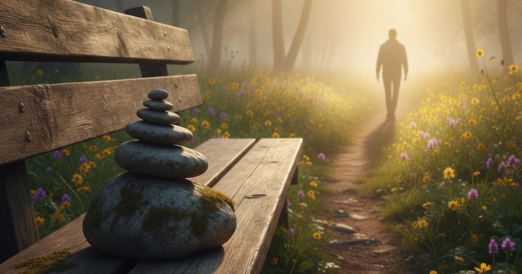 Banco de madera con piedras apiladas en un sendero soleado que simboliza soltar los mitos del duelo en tanatología.