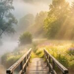 Puente de madera rústico cruzando de la niebla hacia un prado soleado representando la tanatología.